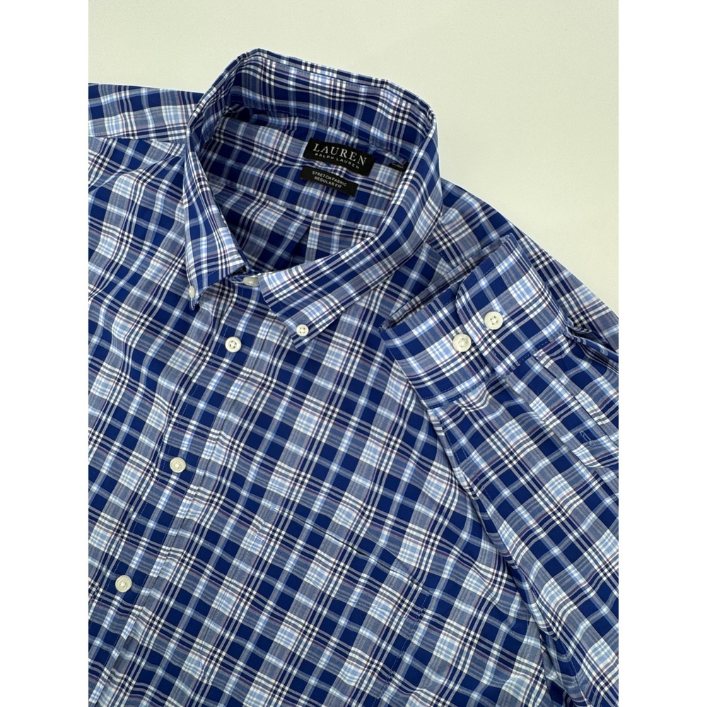 Lauren Ralph Lauren Shirt Mens 2XL Black Label‎ Blue Plaid Stretch Fabric Dress